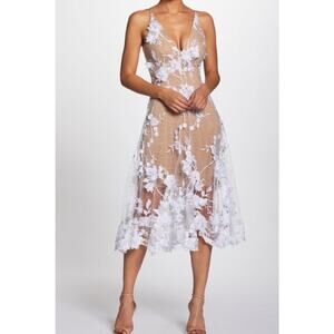 Dress the Population Fit and Flare Midi Dress Audrey 3D Floral Ivory Beige Sz L